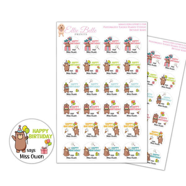 Birthday Bears - Personalised Teacher Reward Stickers