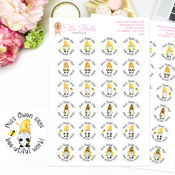 Bee Gnomes (Bee-utiful Work) - Personalised Teacher Reward Stickers