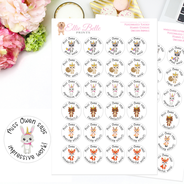 Unicorn Animals - Personalised Teacher Reward Stickers