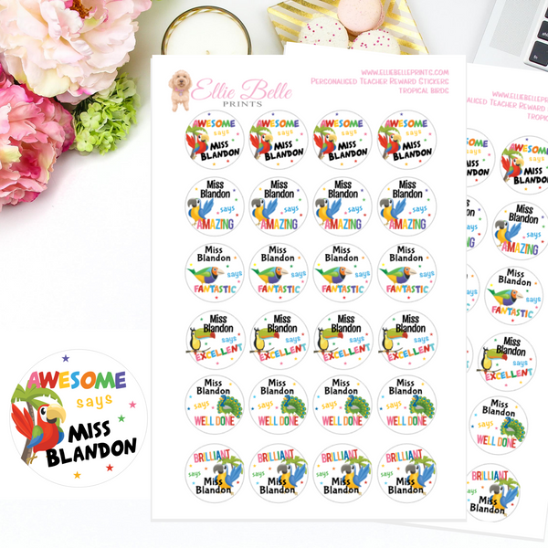 Tropical Birds - Personalised Teacher Reward Stickers