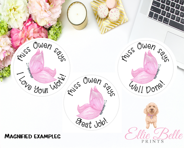 Pink Butterflies - Personalised Teacher Reward Stickers