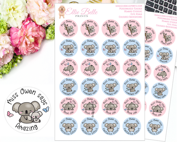 Cute Koalas - Personalised Teacher Reward Stickers