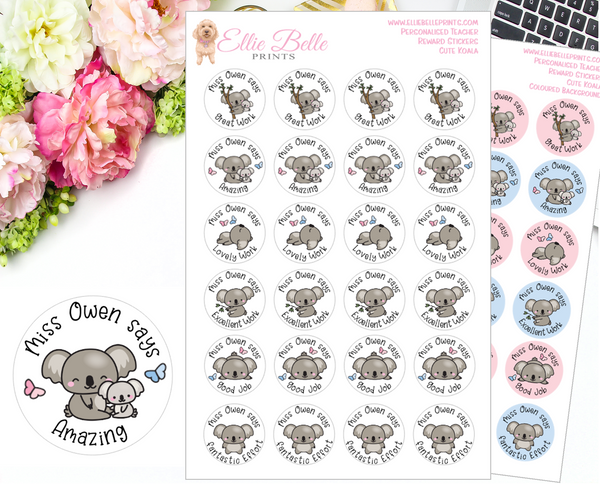 Cute Koalas - Personalised Teacher Reward Stickers