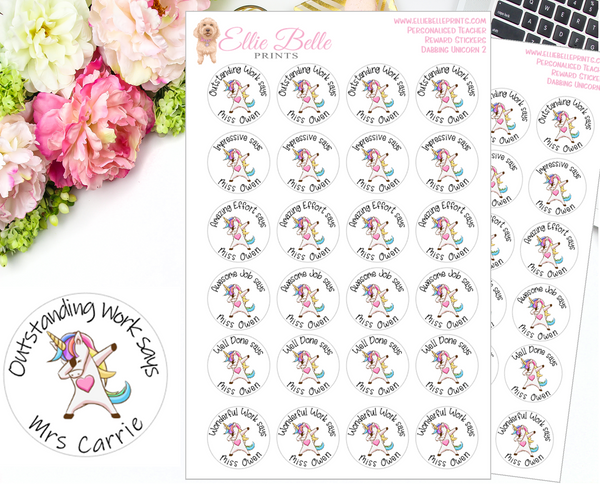 Dabbing Unicorn 2 - Personalised Teacher Reward Stickers