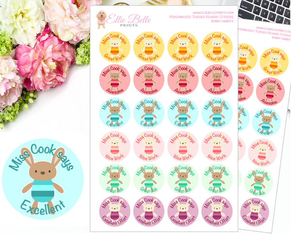 Bunny Rabbit (Coloured Background) - Personalised Teacher Reward Stickers
