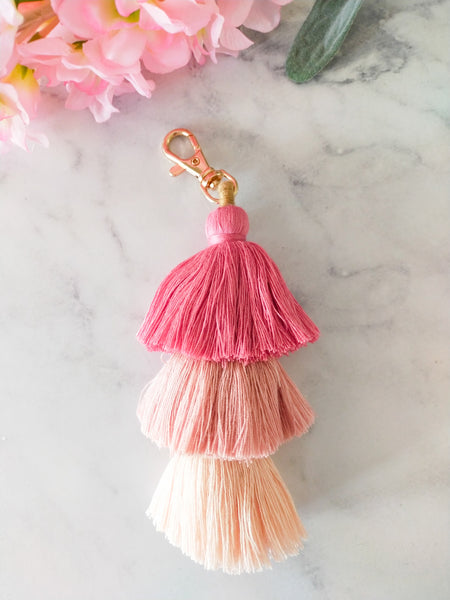 Pink Tri Tassel Keychain