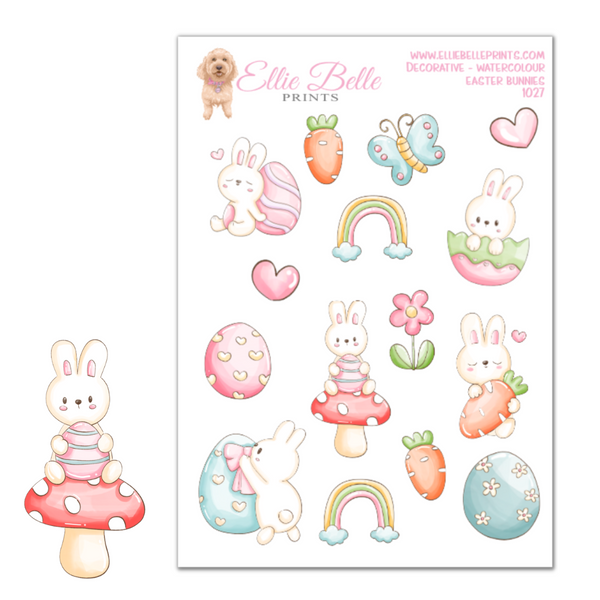 Watercolour Easter stickers showing Easter eggs, butterflies and bunny rabbits