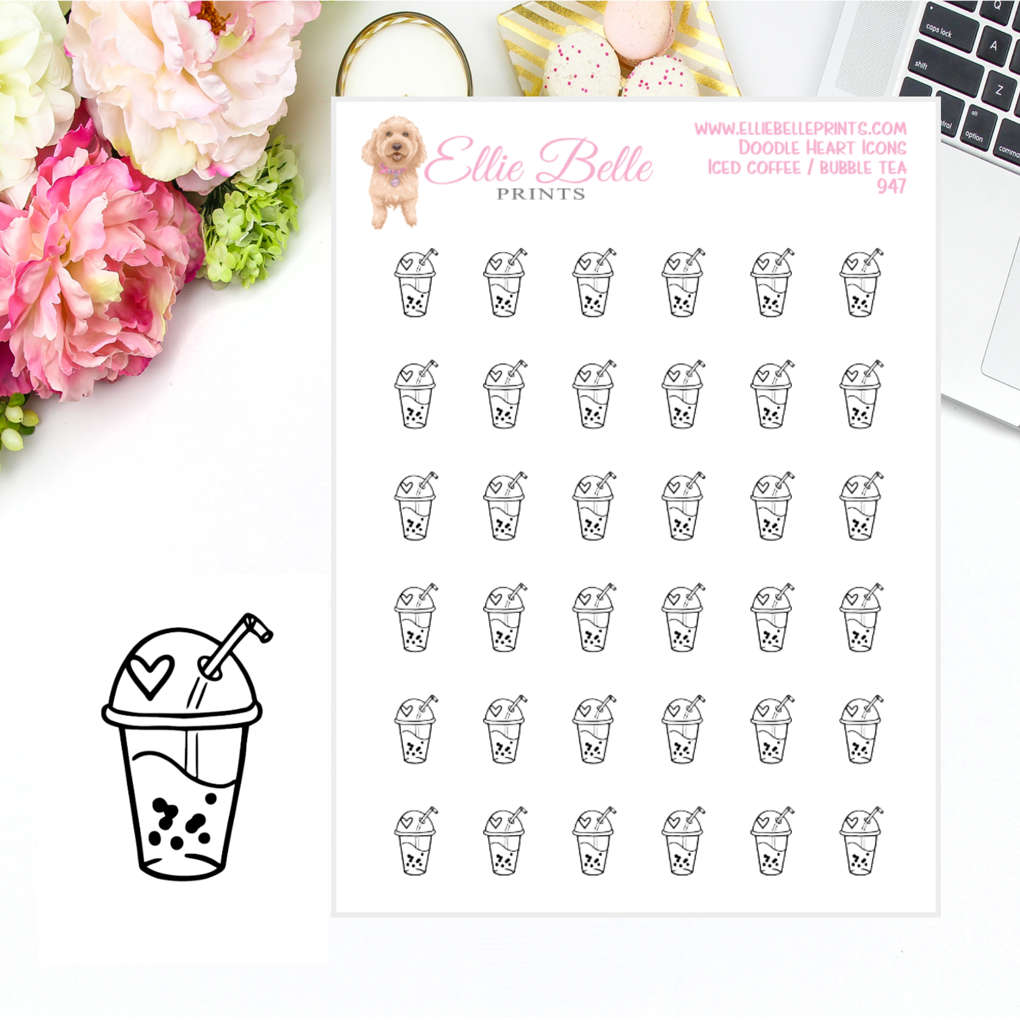 Iced Coffee / Bubble Tea - Doodle Heart Icons
