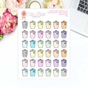 Garbage Bins - Multi Colour Doodle Icons