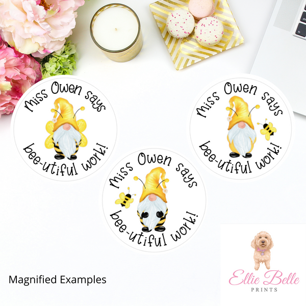 Bee Gnomes (Bee-utiful Work) - Personalised Teacher Reward Stickers