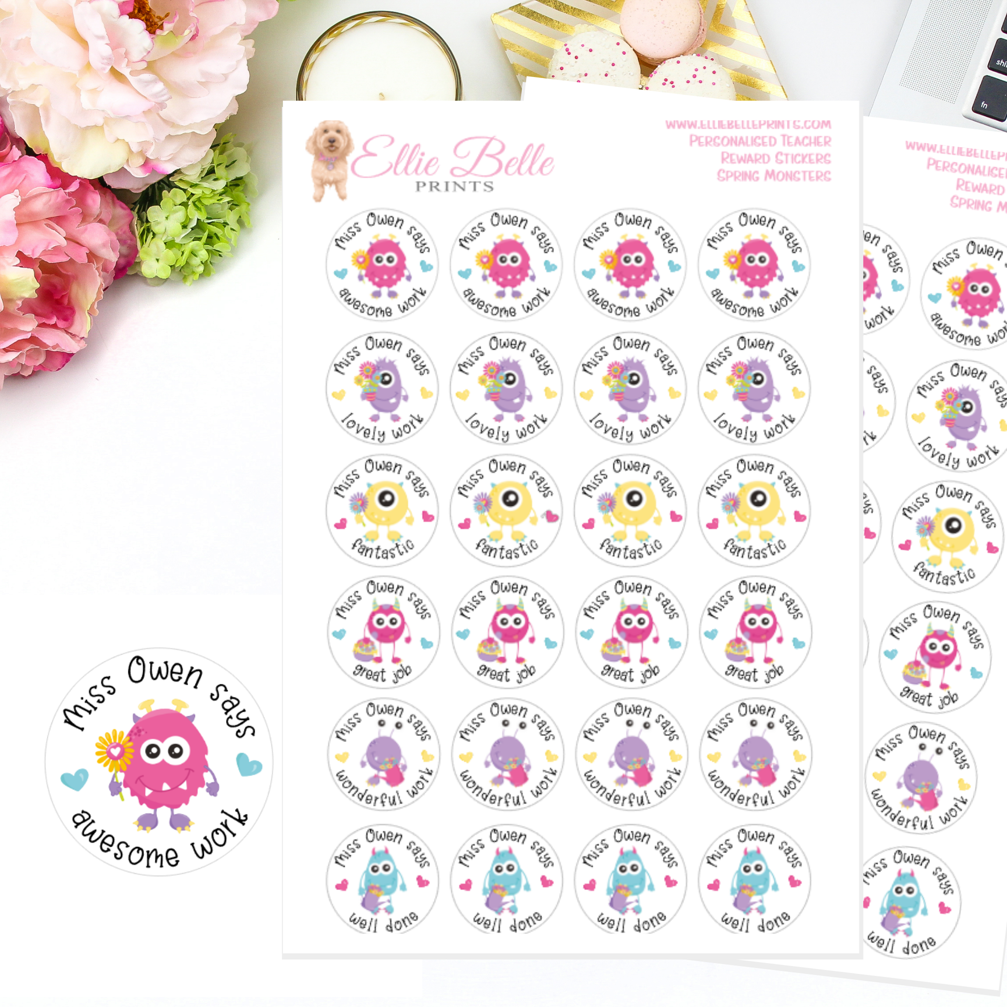 Spring Monsters - Personalised Teacher Reward Stickers