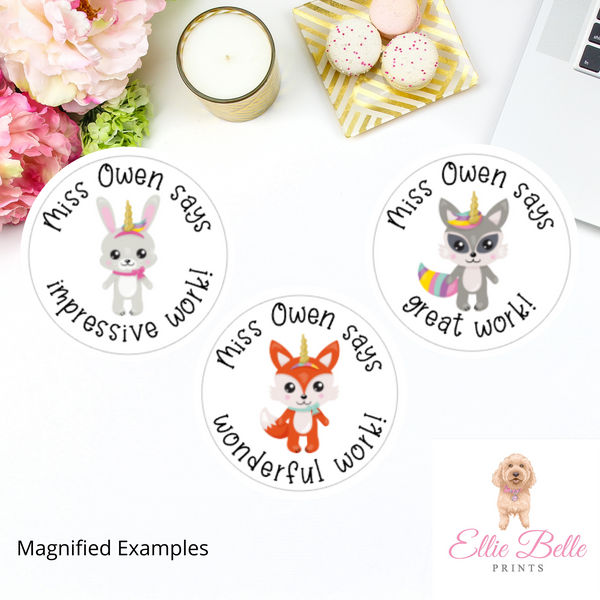 Unicorn Animals - Personalised Teacher Reward Stickers