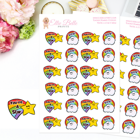 Teacher Reward Stickers - You're A Star & Wow