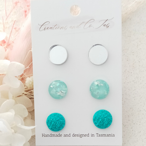 Aqua Marine Trio Stud Earring Set