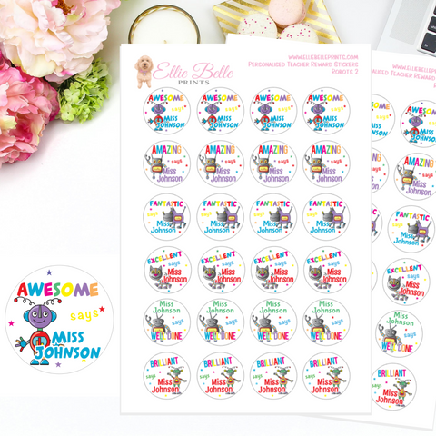 Robots 3 - Personalised Teacher Reward Stickers