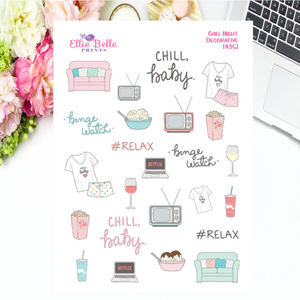 Chill Night Decorative Planner stickers include binge watch, #relax, pj's, popcorn, tv's