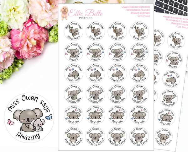 Cute Koalas - Personalised Teacher Reward Stickers