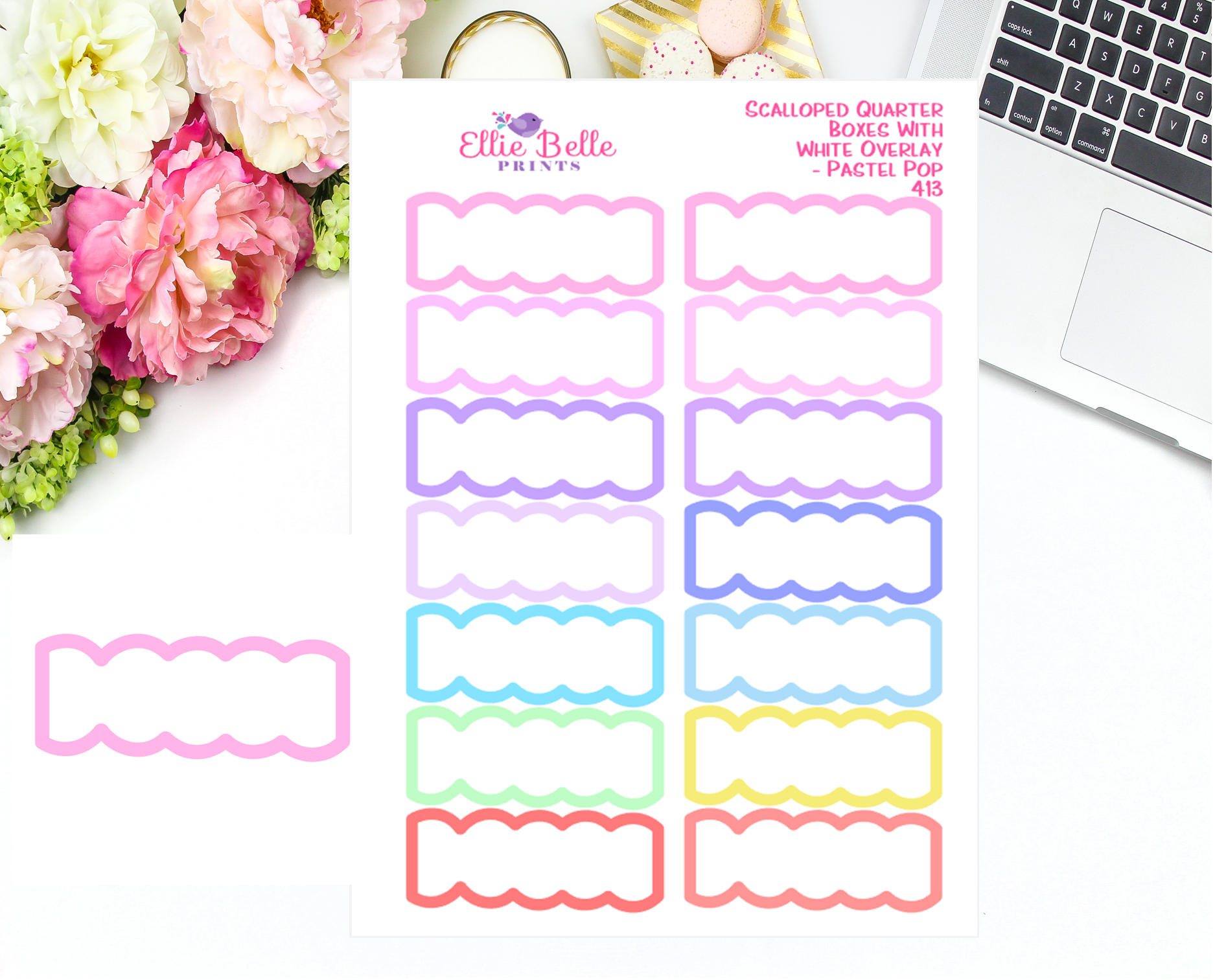 Scalloped Quarter Box With White Overlay Stickers - Pastel Pop