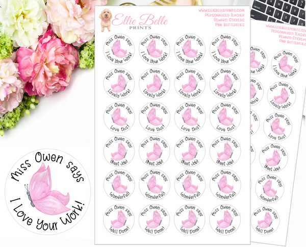 Pink Butterflies - Personalised Teacher Reward Stickers