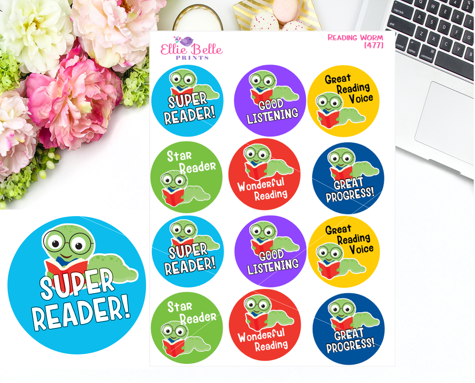 Reading Worm Teacher Stickers