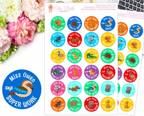 Australian Animals (Coloured Background) - Personalised Teacher Reward Stickers
