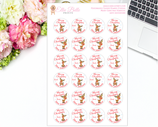 Merry Christmas Reindeer  - Personalised Teacher Reward Stickers