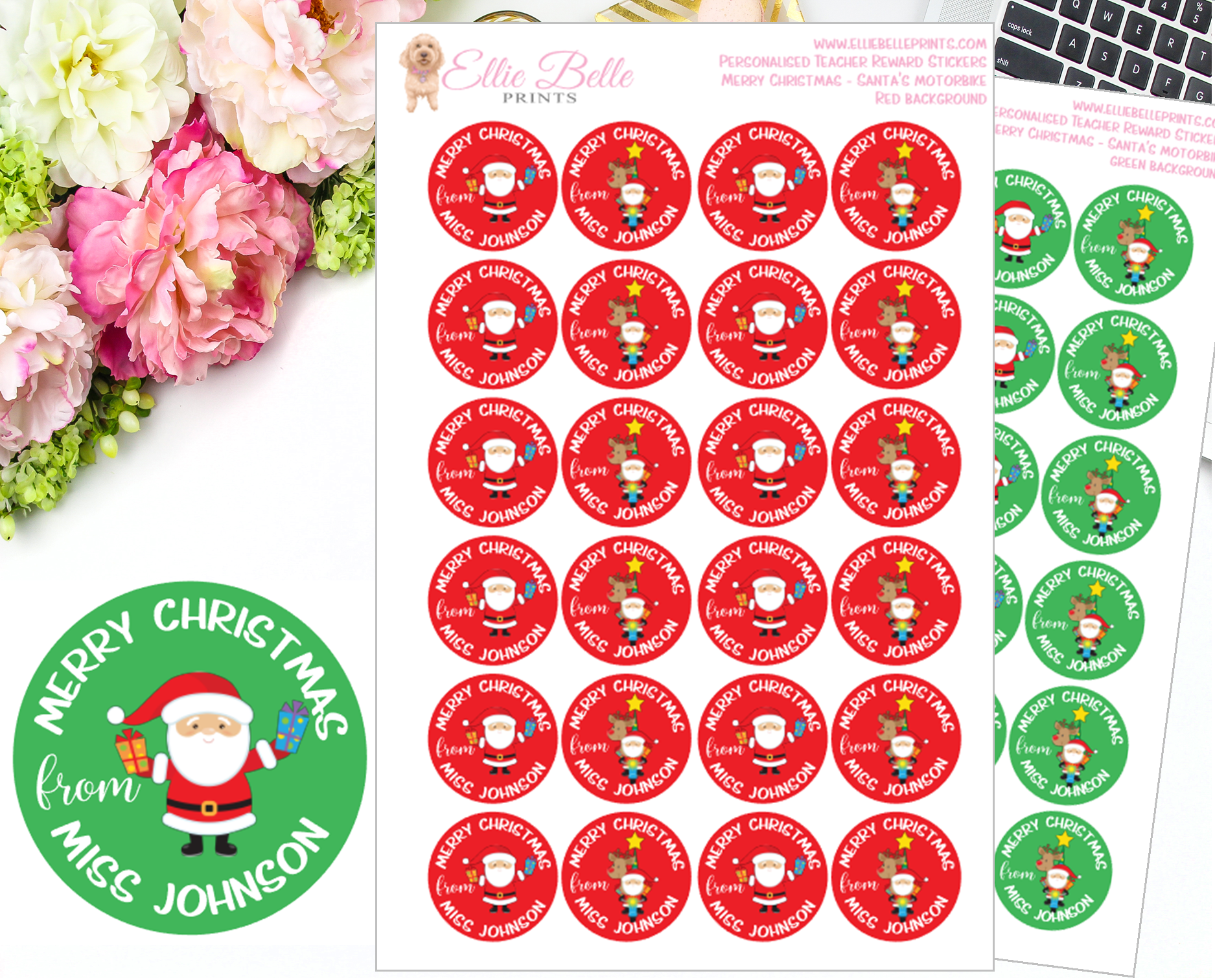Merry Christmas Santa's Motorbike  - Personalised Teacher Reward Stickers