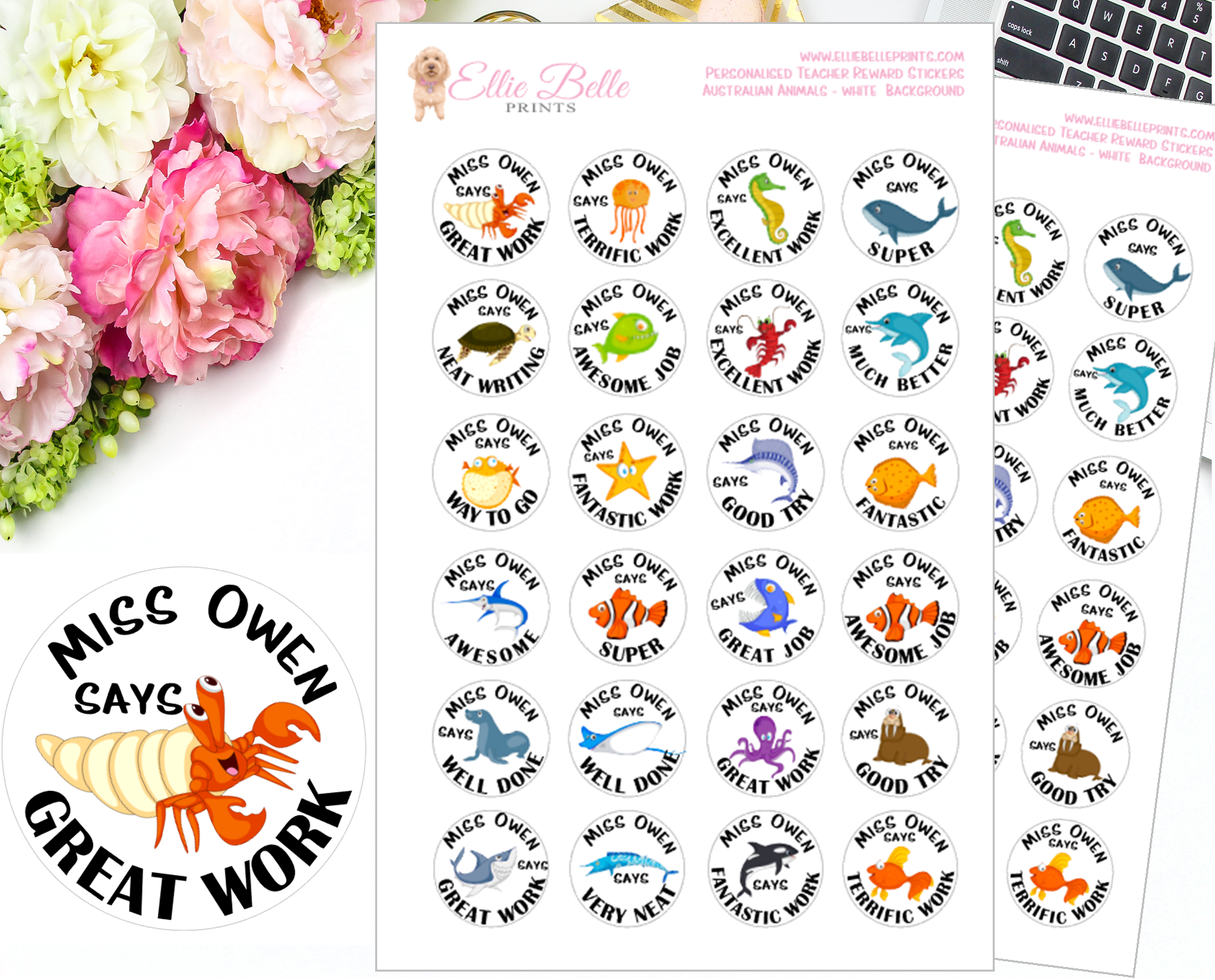 Sea Animals (White Background) - Personalised Teacher Reward Stickers