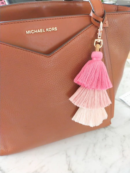 Pink Tassel Keychain on Handbag