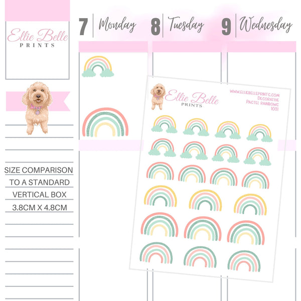 Sheet of pastel rainbow stickers, examples of how they look in an Erin Condren Planner