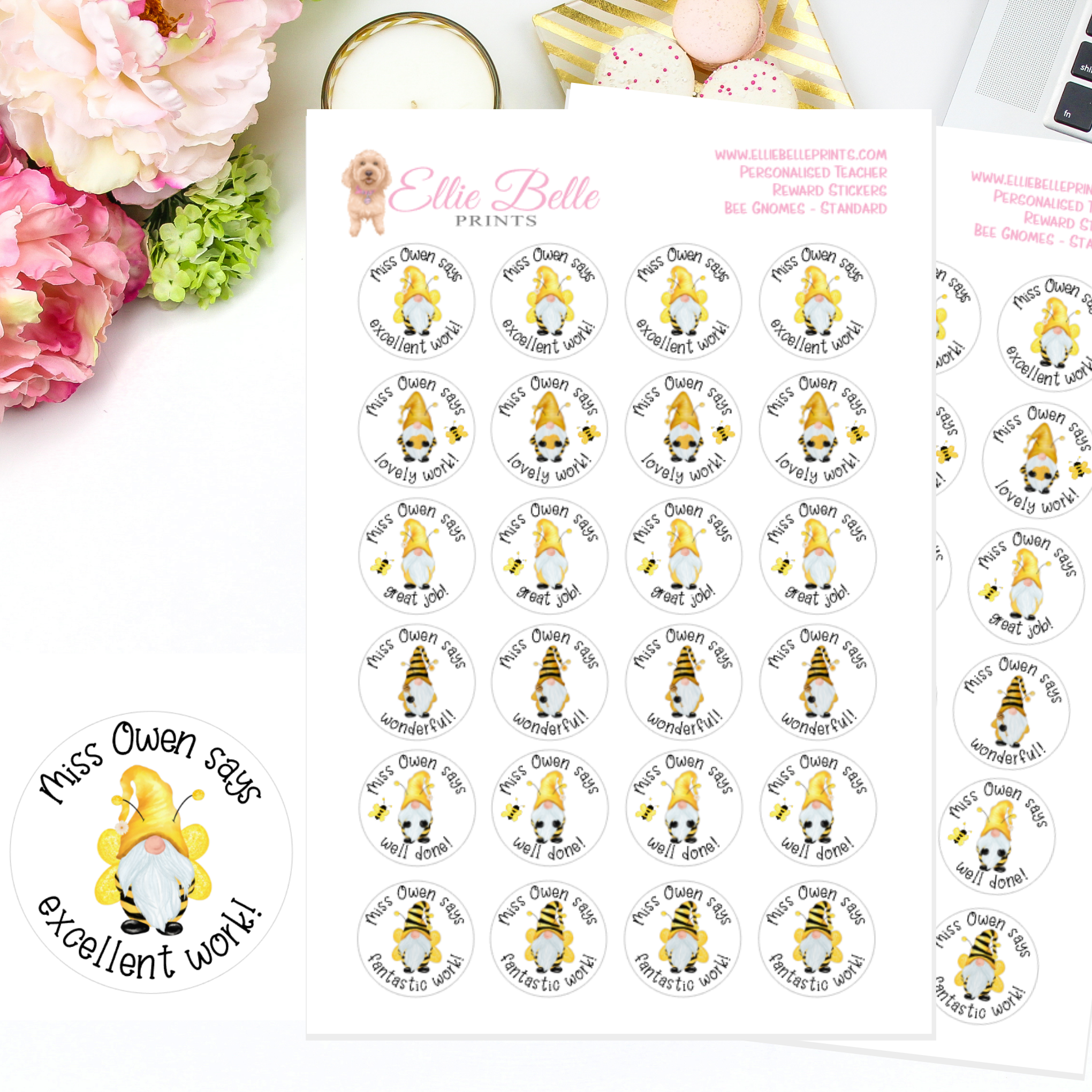 Bee Gnomes (Standard) - Personalised Teacher Reward Stickers