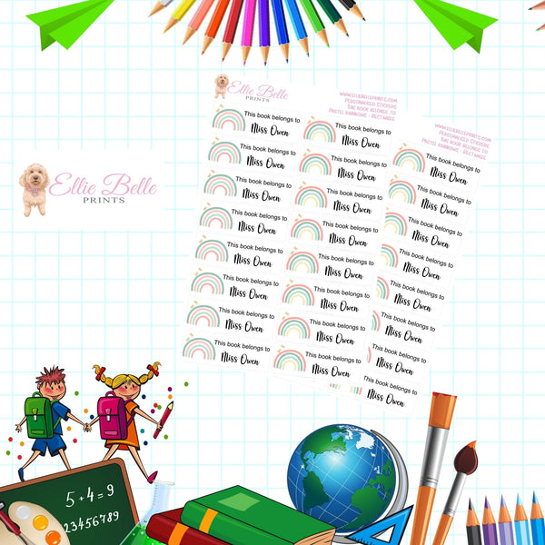 This Book Belongs to (Pastel Rainbow - Rectangles) - Personalised Teacher Reward Stickers