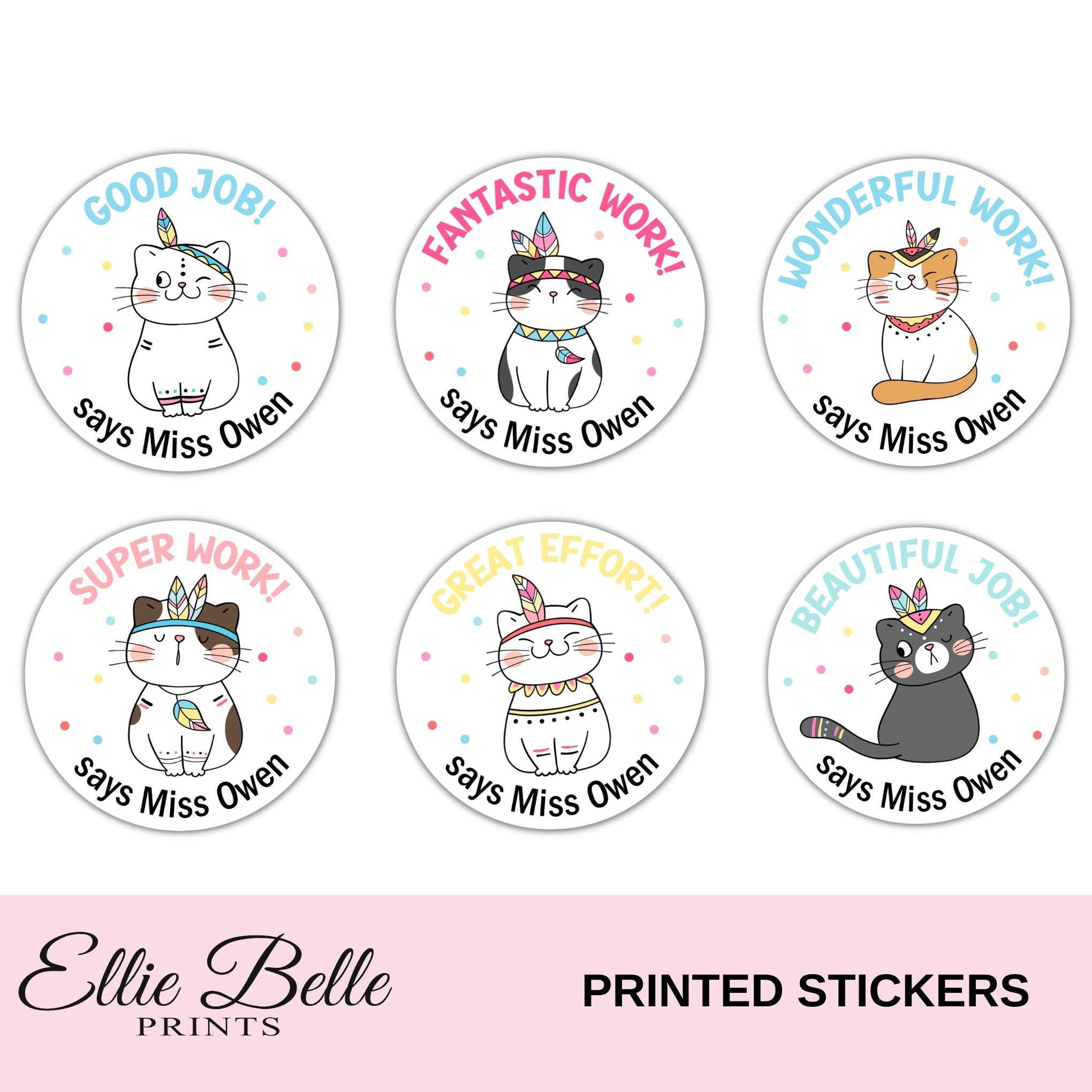 Boho Cats (White) - Personalised Teacher Reward Stickers