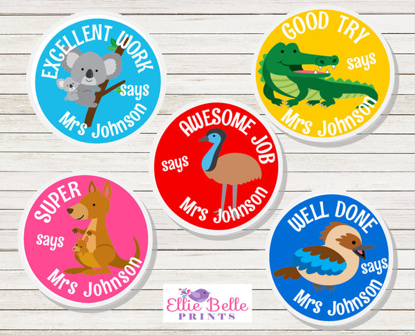 Australian Animals (Coloured Background) - Personalised Teacher Reward Stickers